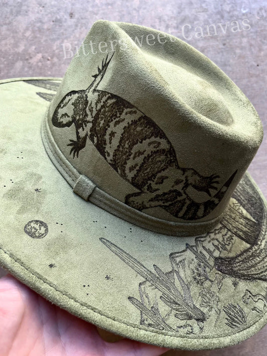 Saguaro gila monster light olive green suede wide brim rancher hat