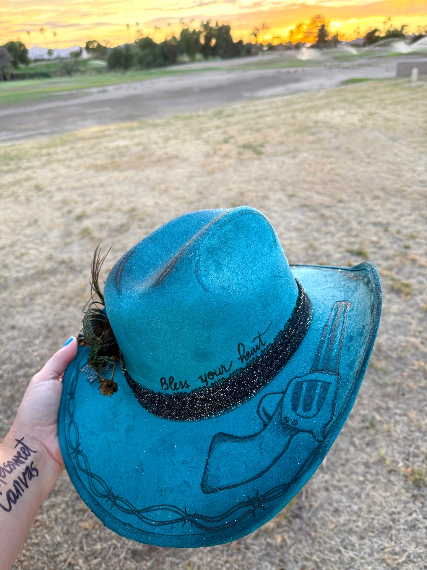 Teal bless your heart cowboy burned suede wide brim rancher hat