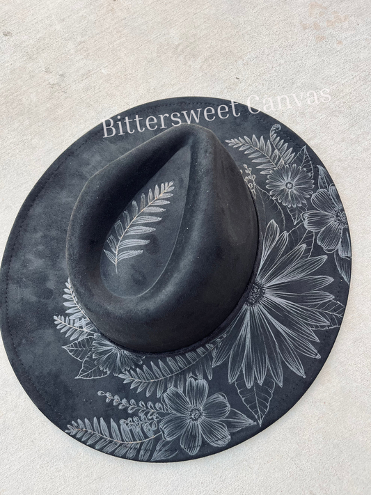 Black floral burned suede wide brim rancher hat