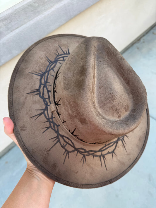 John 3:16 crown of thorns brown suede wide brim rancher hat