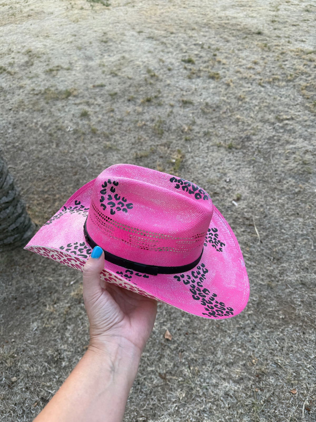 Pink leopard glitter straw wide brim cowboy hat