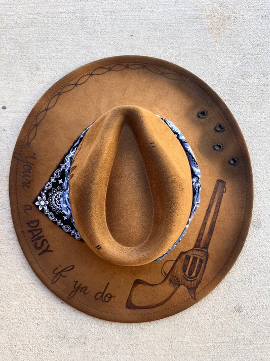 Youre a daisy tombstone revolver burned tan suede wide brim rancher hat