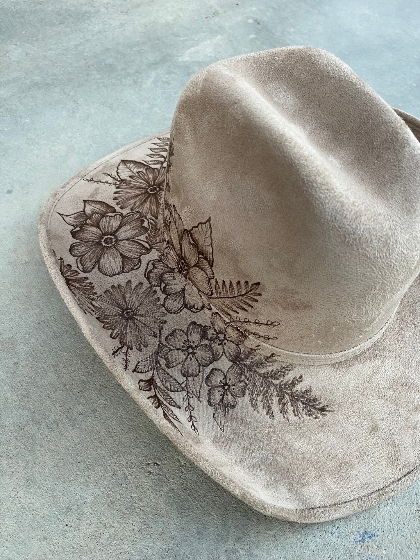 Taupe floral cowboy suede wide brim rancher hat