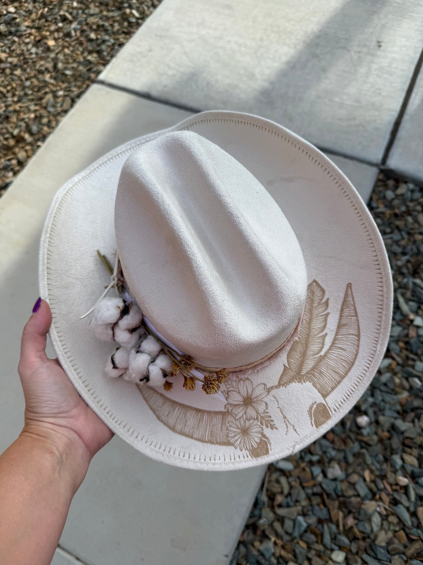 Ivory steer head cotton bridal  burned suede wide brim rancher hat