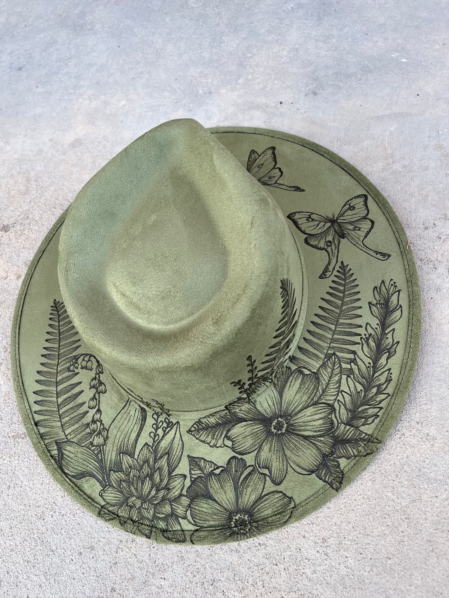 Sage green fern moth floral fabric lined suede wide brim rancher hat