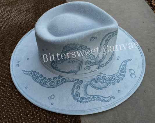 Light blue octopus kraken sea creature suede wide brim rancher hat