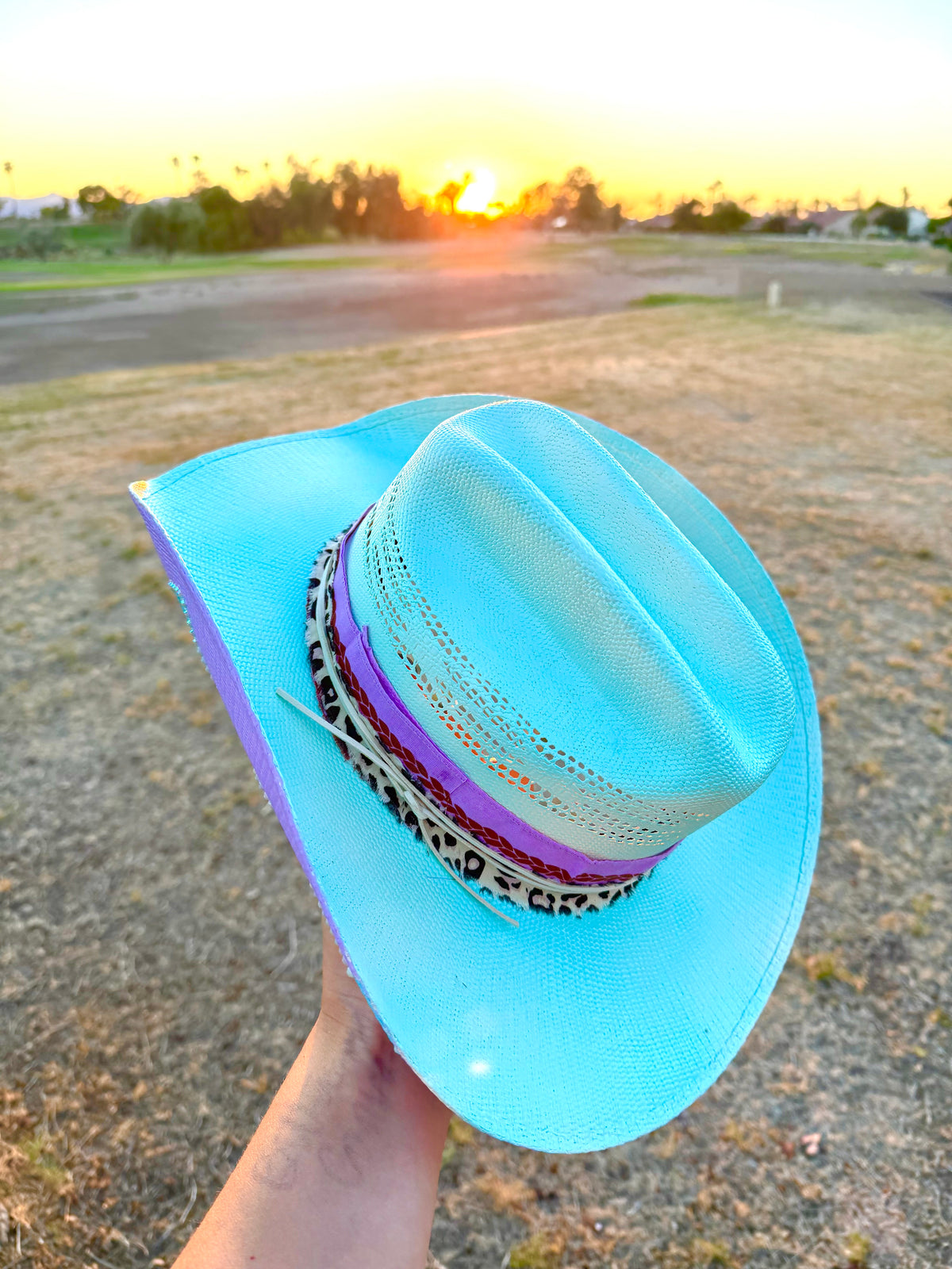 Blue purple rhinestone straw wide brim cowboy hat