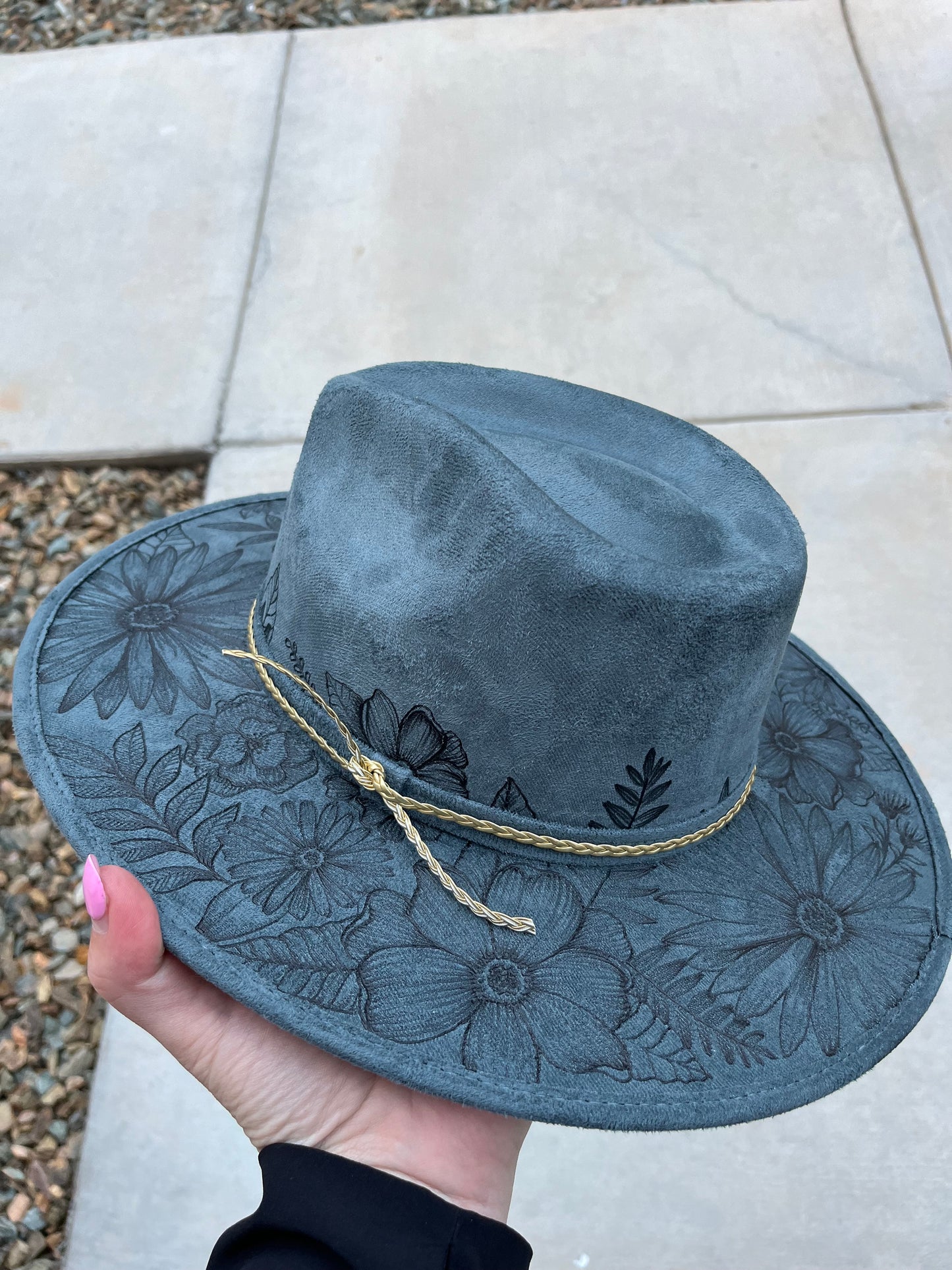 Steel blue  full floral suede wide brim rancher hat