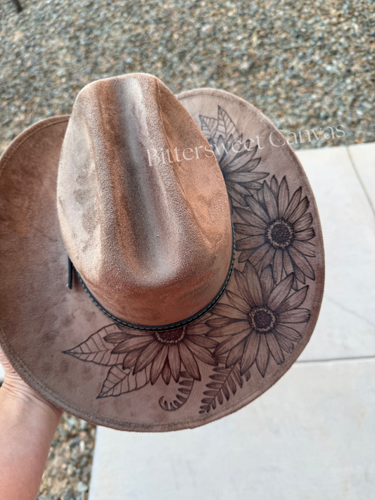 Mocha beown floral burned suede wide brim cowboy hat