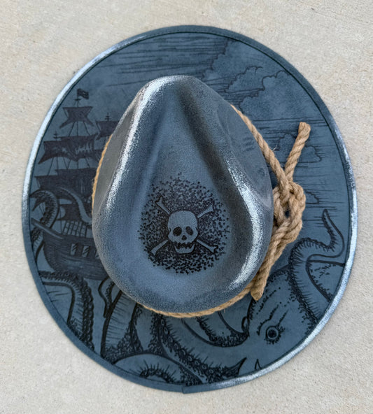 Steel blue pirate ship kraken suede wide brim rancher hat