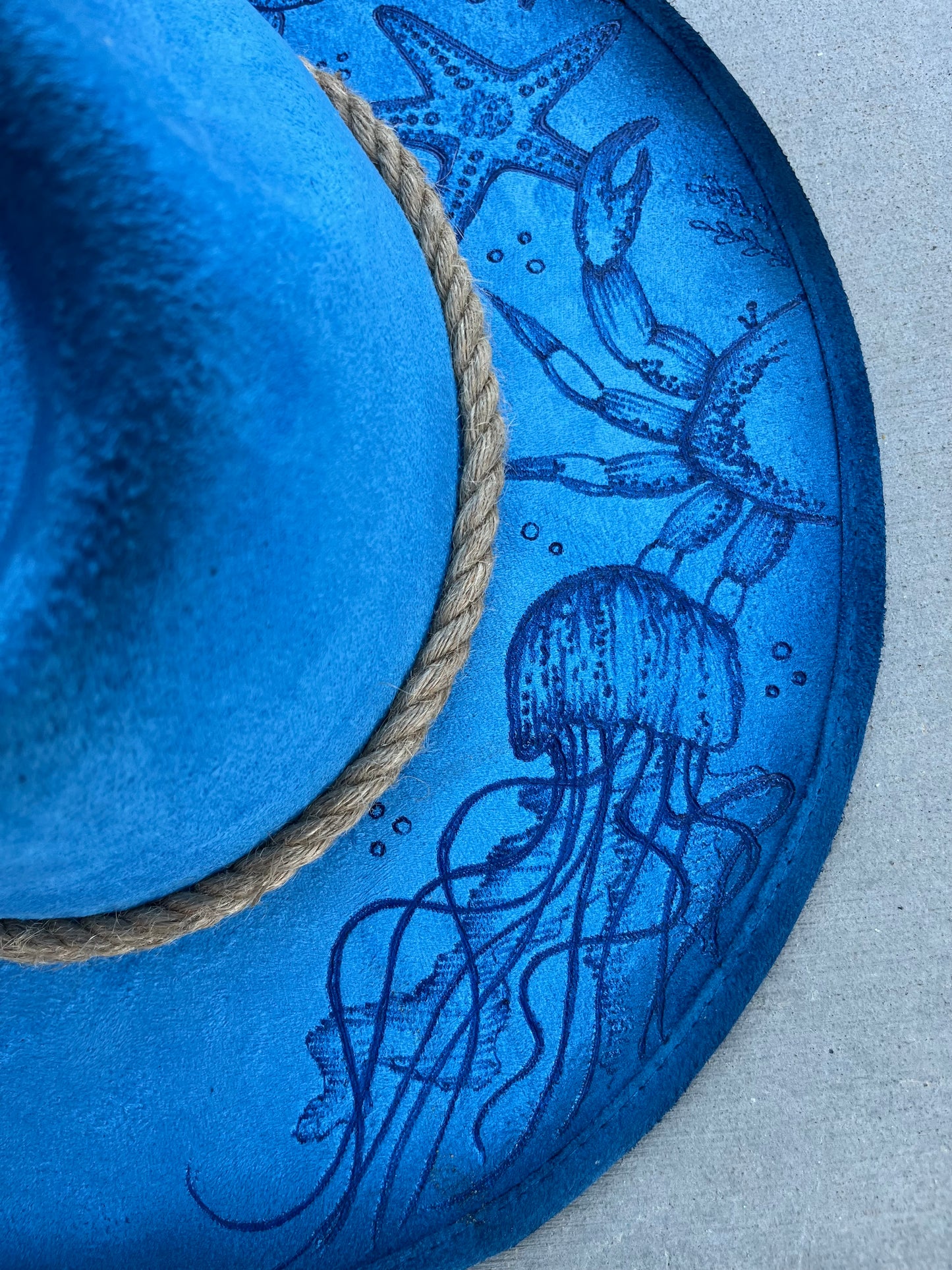 Jellyfish blue crab beach fabric lined suede wide brim rancher hat