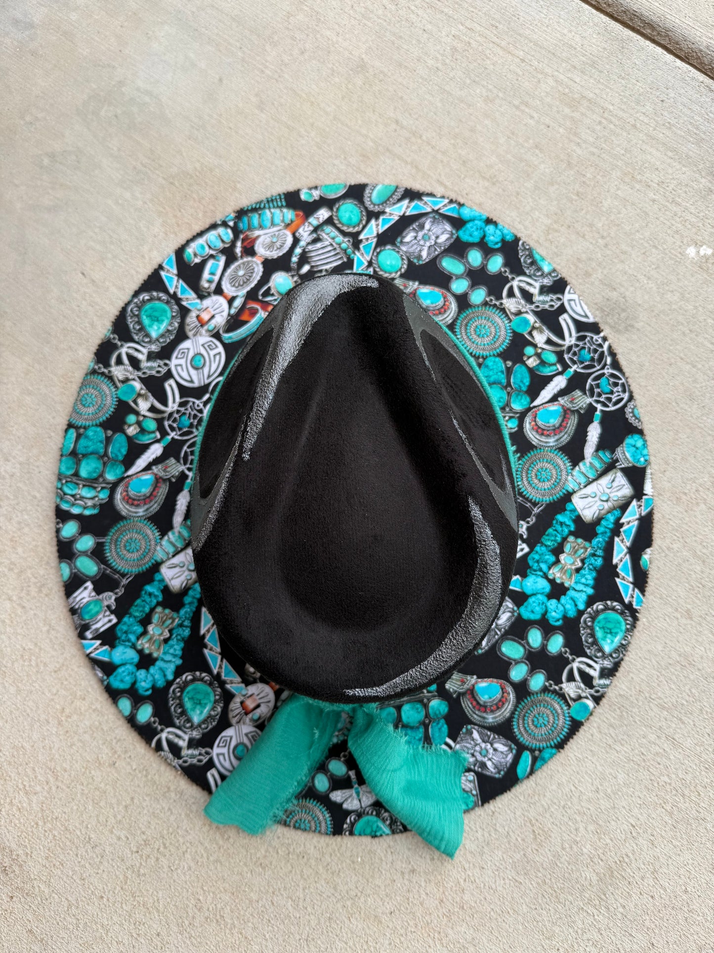 Black turquoise jewelry fabric lined suede wide brim rancher hat