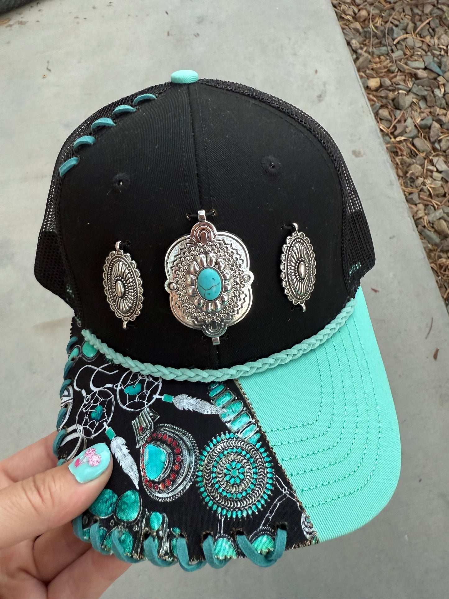 Turquoise concho trucker hat custom ball cap SnapBack