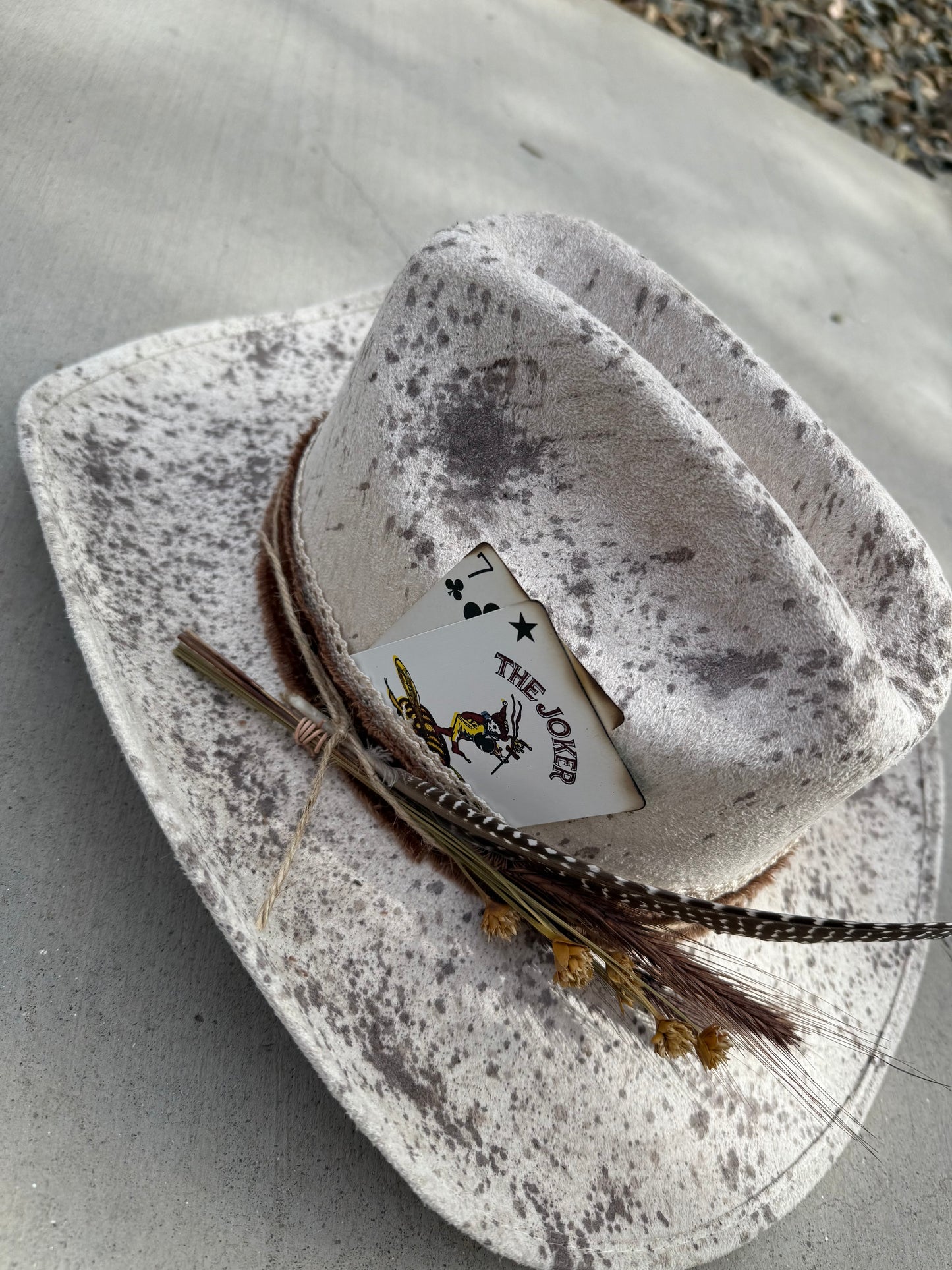 Ivory brown peppered suede wide brim rancher hat