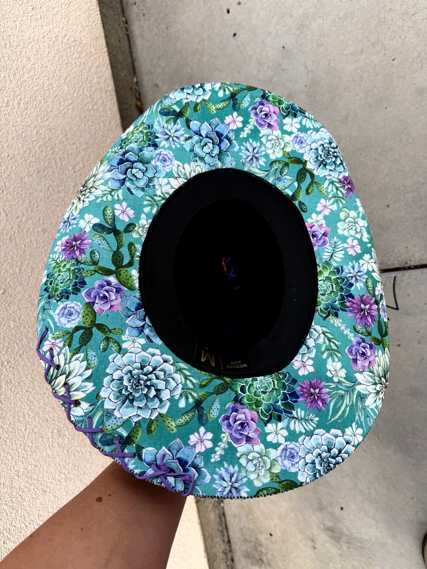 Black floral cactus heart crown burned accessorized suede wide brim rancher hat