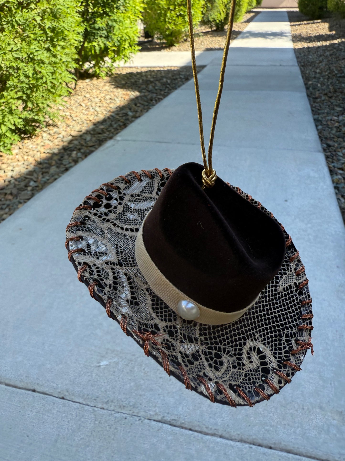 Brown lace cowboy hat rearview mirror charm