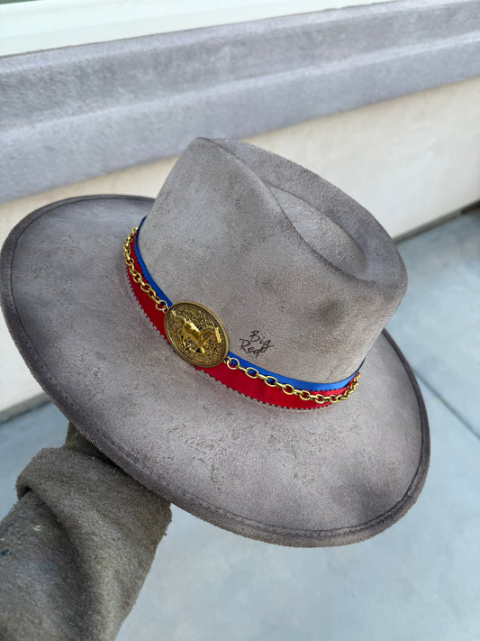 Secretariat race horse taupe suede wide brim rancher hat