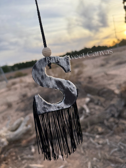 Cowhide initial fringe rearview mirror charm