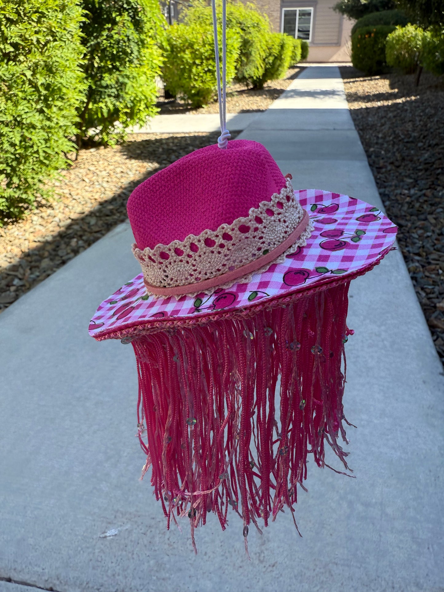 Pink gingham cherry fringe cowboy hat rearview mirror charm