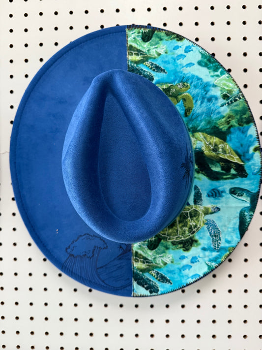 Blue turtle burned wide brim rancher hat