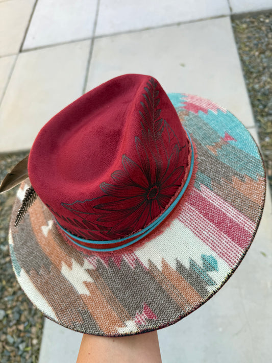 Maroon tribal aztec suede wide brim rancher hat