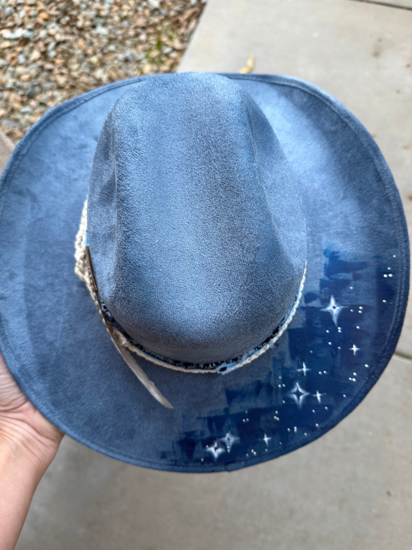 Blue hold yer horses suede wide brim rancher hat