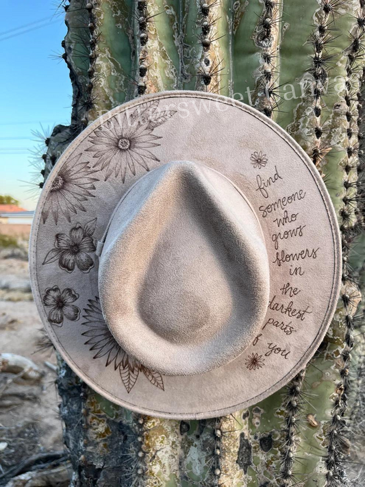 Flowers music lyric inspired taupe burned suede wide brim rancher hat