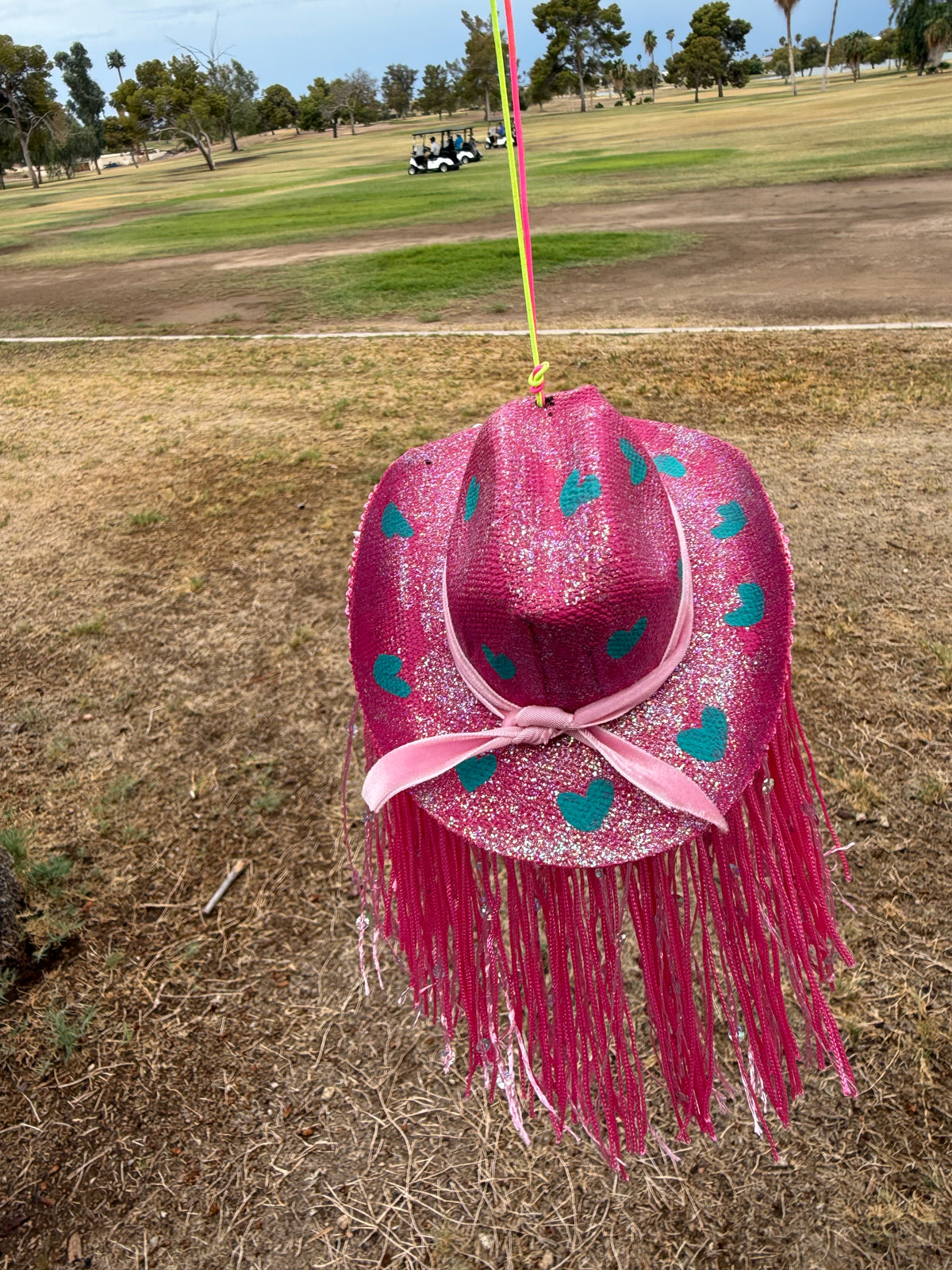 Pink glitter fringe hat rearview mirror charm