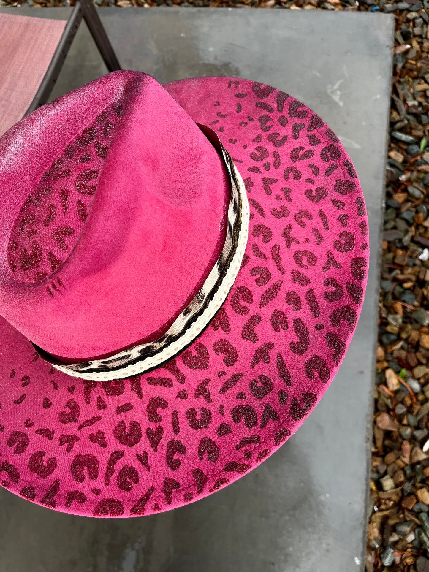 Pink leopard cheetah burned suede wide brim rancher hat