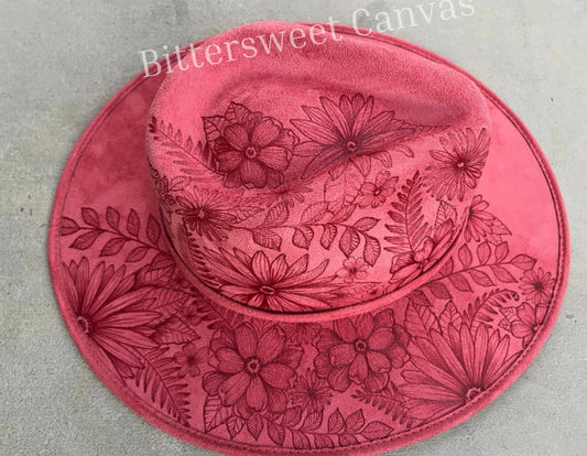 Floral split dusty rose pink burned suede wide brim rancher hat