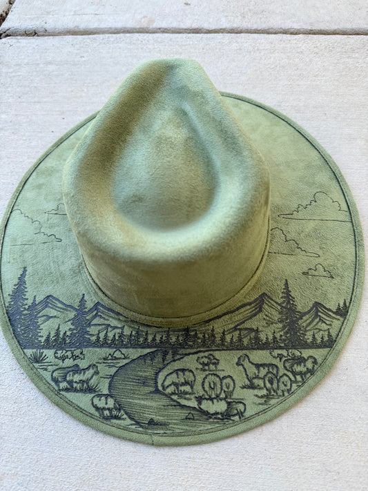 Light olive green 99 vs 1 suede wide brim cowboy hat