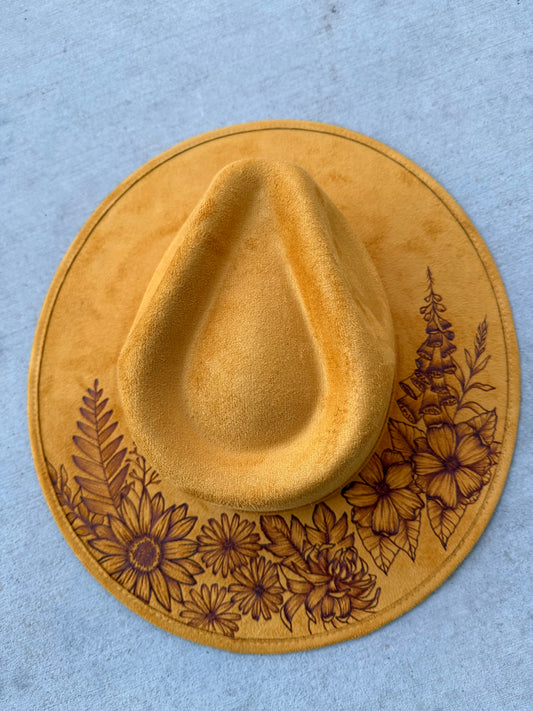 Mustard yellow floral botanical burned suede wide brim rancher hat