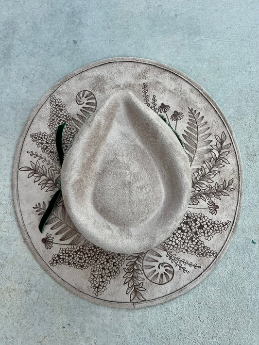 Botanical crown taupe burned suede wide brim rancher hat