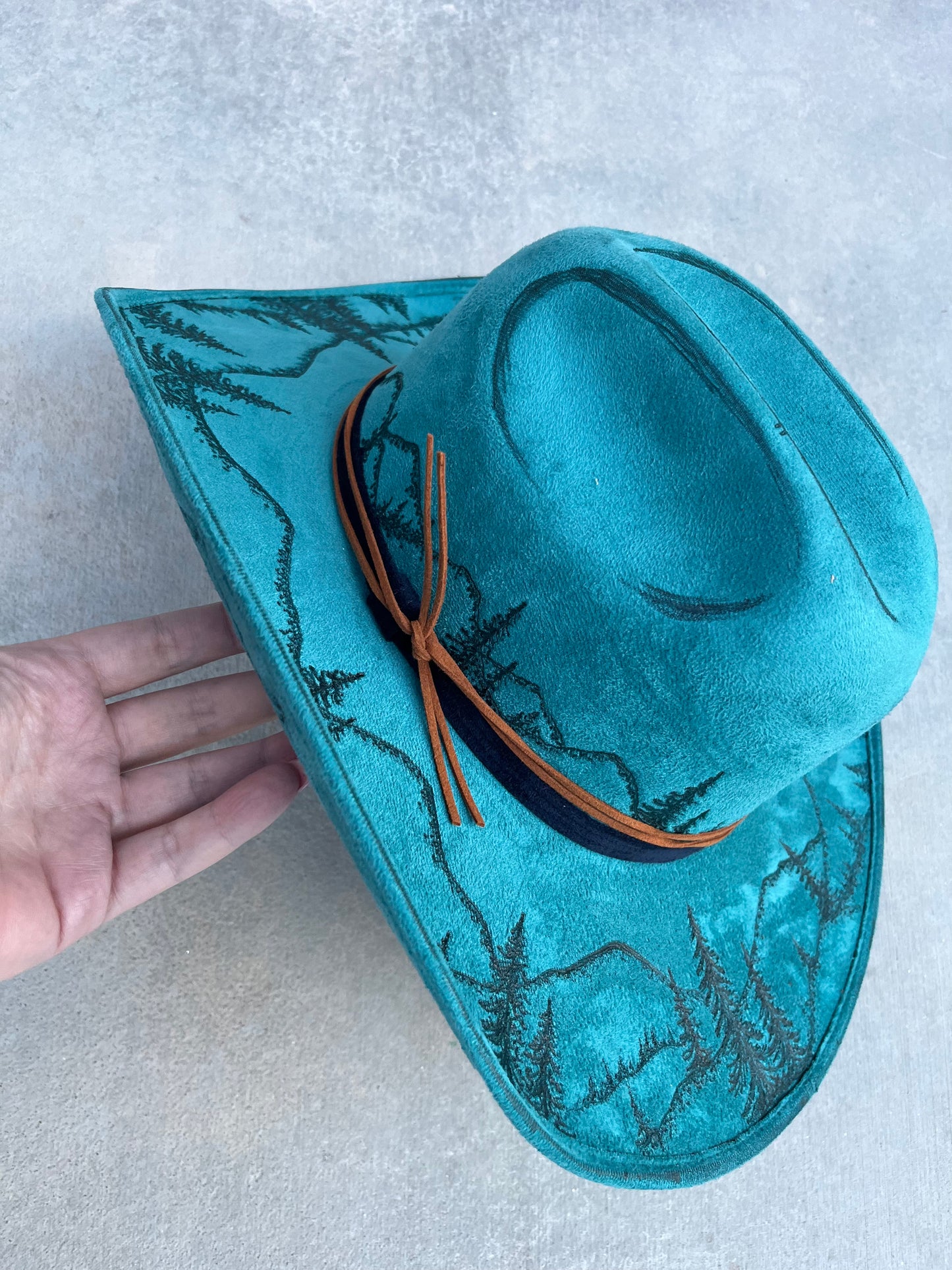 Teal mountain  burned suede wide brim cowboy hat