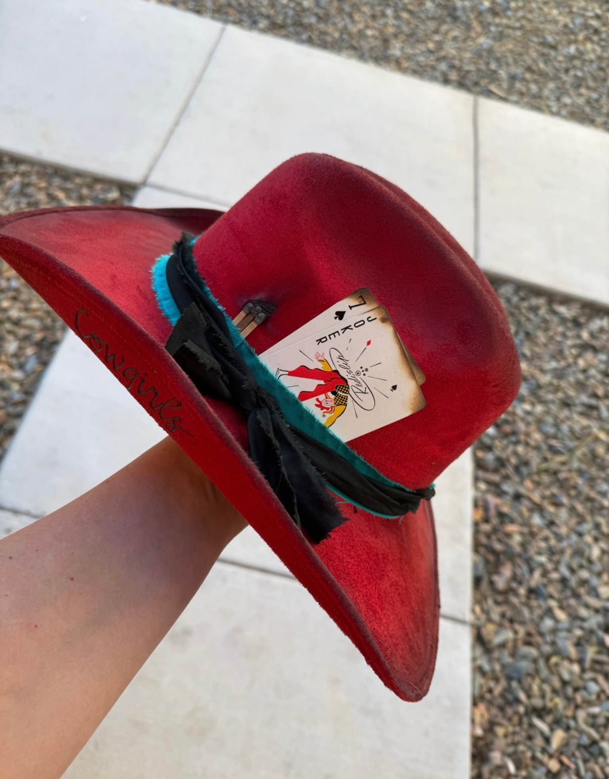 Red distressed floral  burned suede wide brim rancher hat