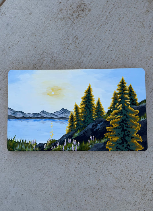 Glowing pines original painting on wood panel