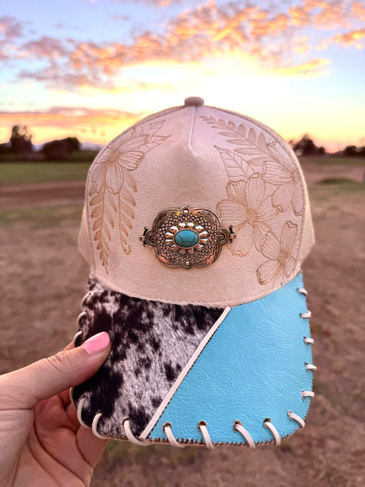 Beige floral western concho ball cap trucker hat custom snapback
