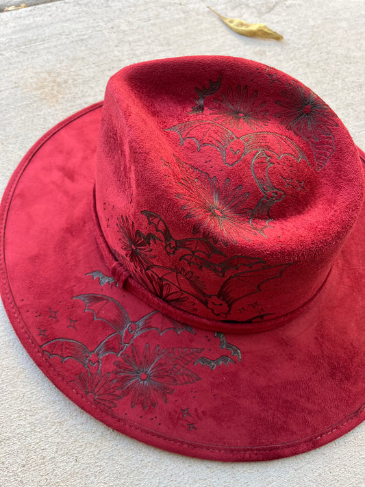 Maroon burgundy bats floral burned suede rancher wide brim hat