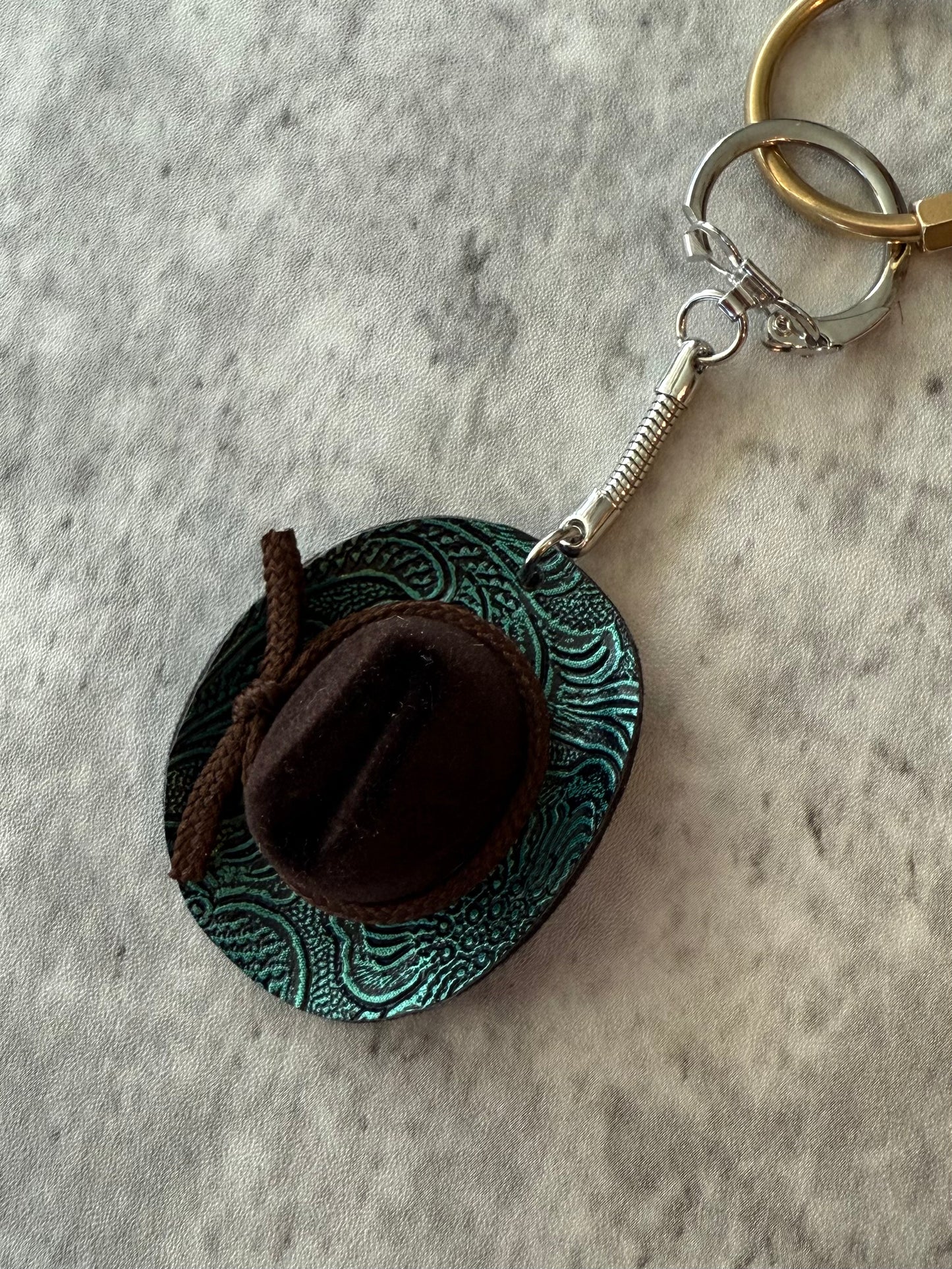 Tooled teal leather brown mini cowboy hat keychain bag charm