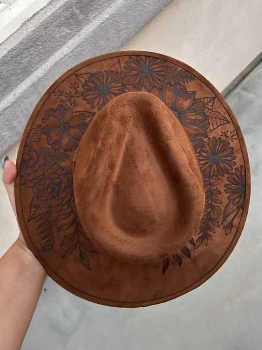 Tobacco floral burned suede wide brim rancher hat