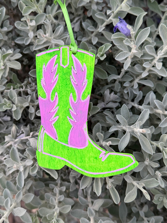 Neon green cowboy boot Christmas ornament