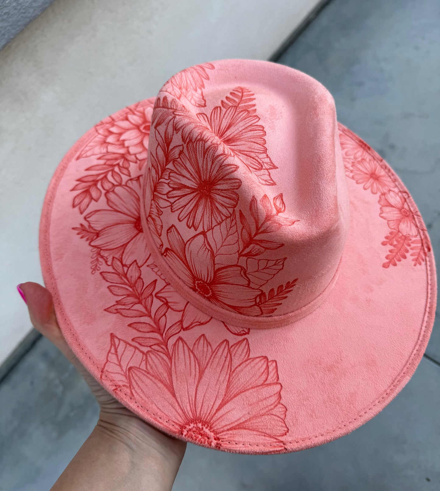 Coral floral  burned suede wide brim rancher hat