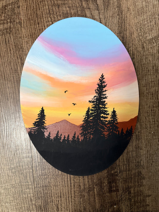 Sunrise mountain wood cutout oval painting
