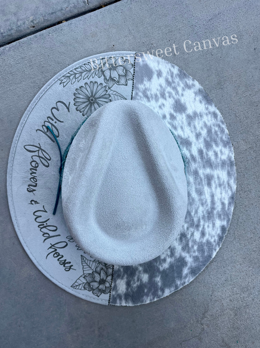 Light grey wildflower horses cow fabric lined burned suede wide brim rancher hat