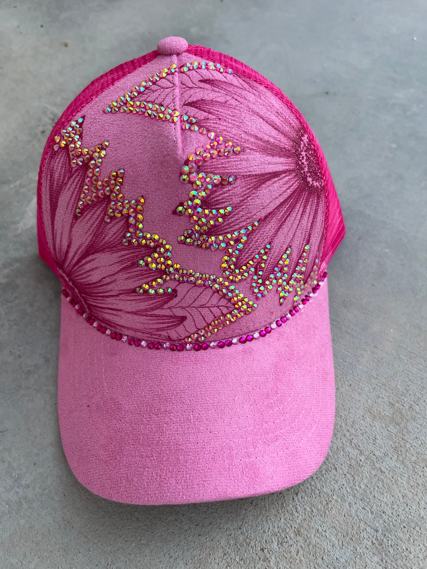 Pink floral rhinestone burned trucker hat custom ball cap SnapBack