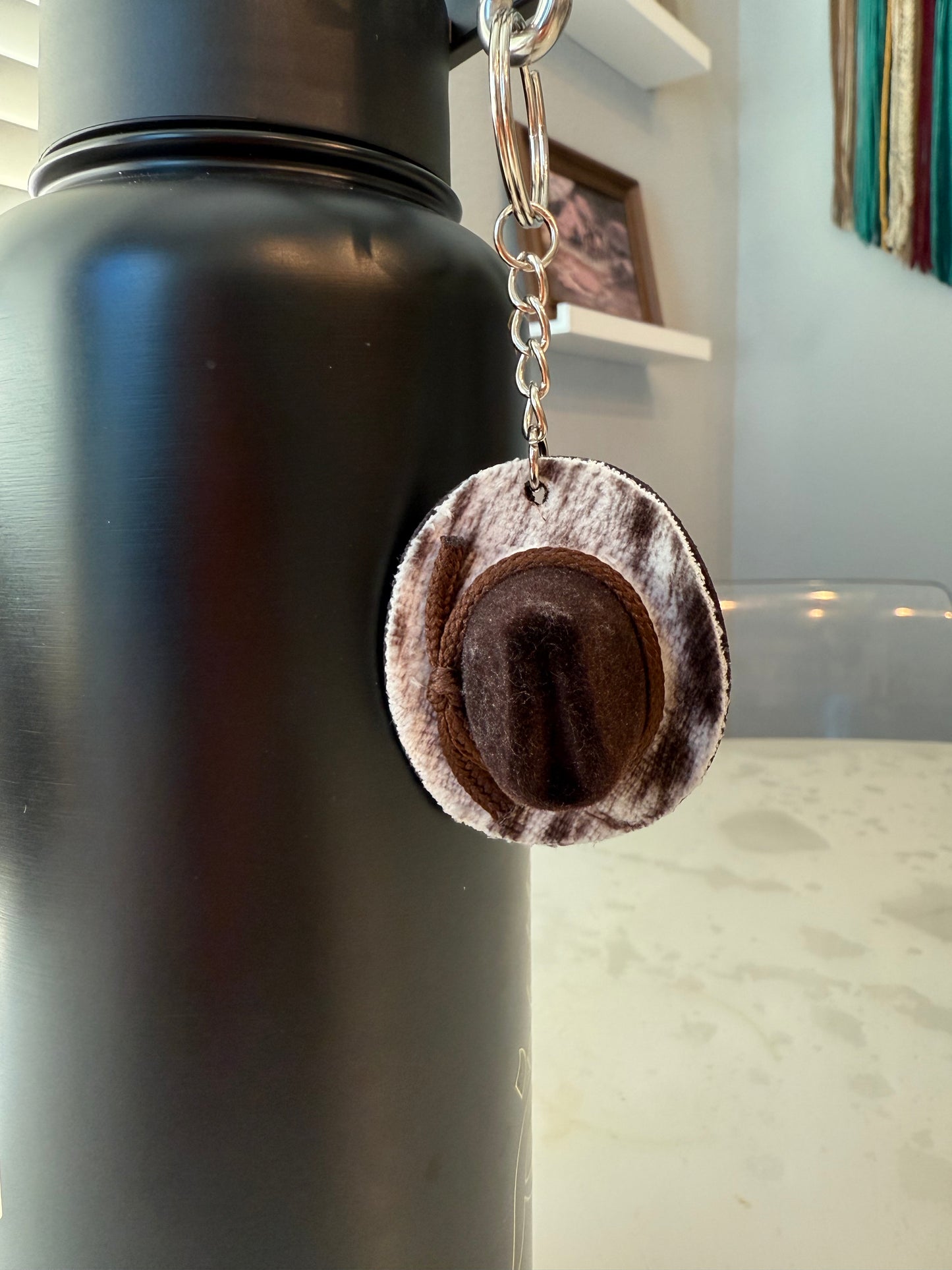 Brown cowhide mini cowboy hat keychain bag charm