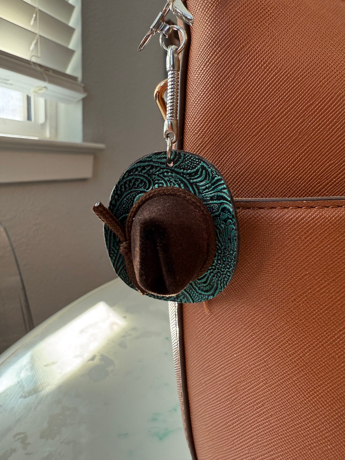 Tooled teal leather brown mini cowboy hat keychain bag charm