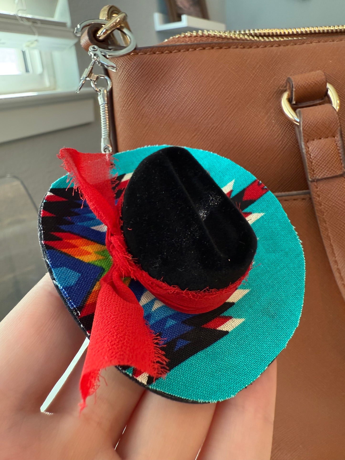 Tribal turquoise black cowboy hat keychain bag charm