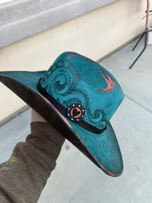 Tooled leather teal suede wide brim cowboy hat
