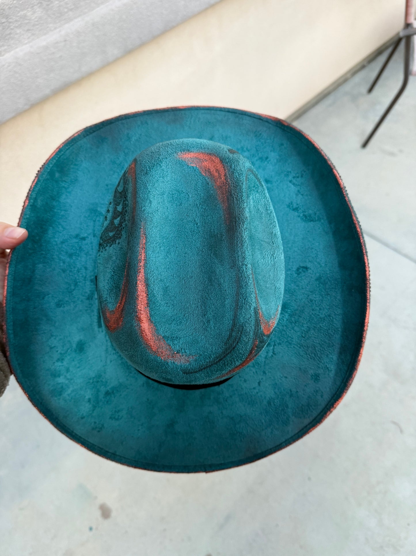 Tooled leather teal suede wide brim cowboy hat